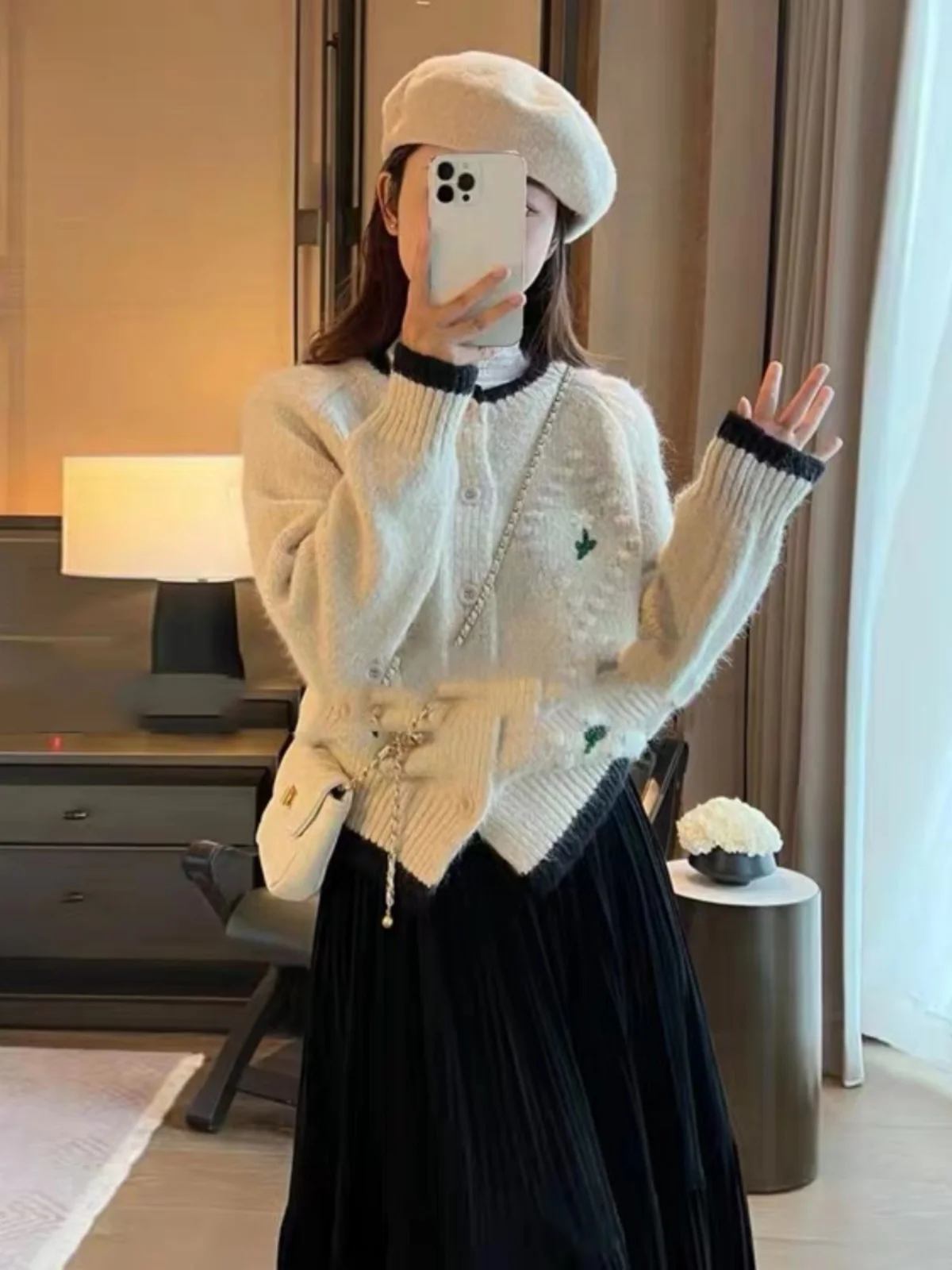 

Korean Sle Long Sve Embroidered Flower Thiened Women's Knitted Sweater Coat Autumn Winter Outerwear Soft Comfortable