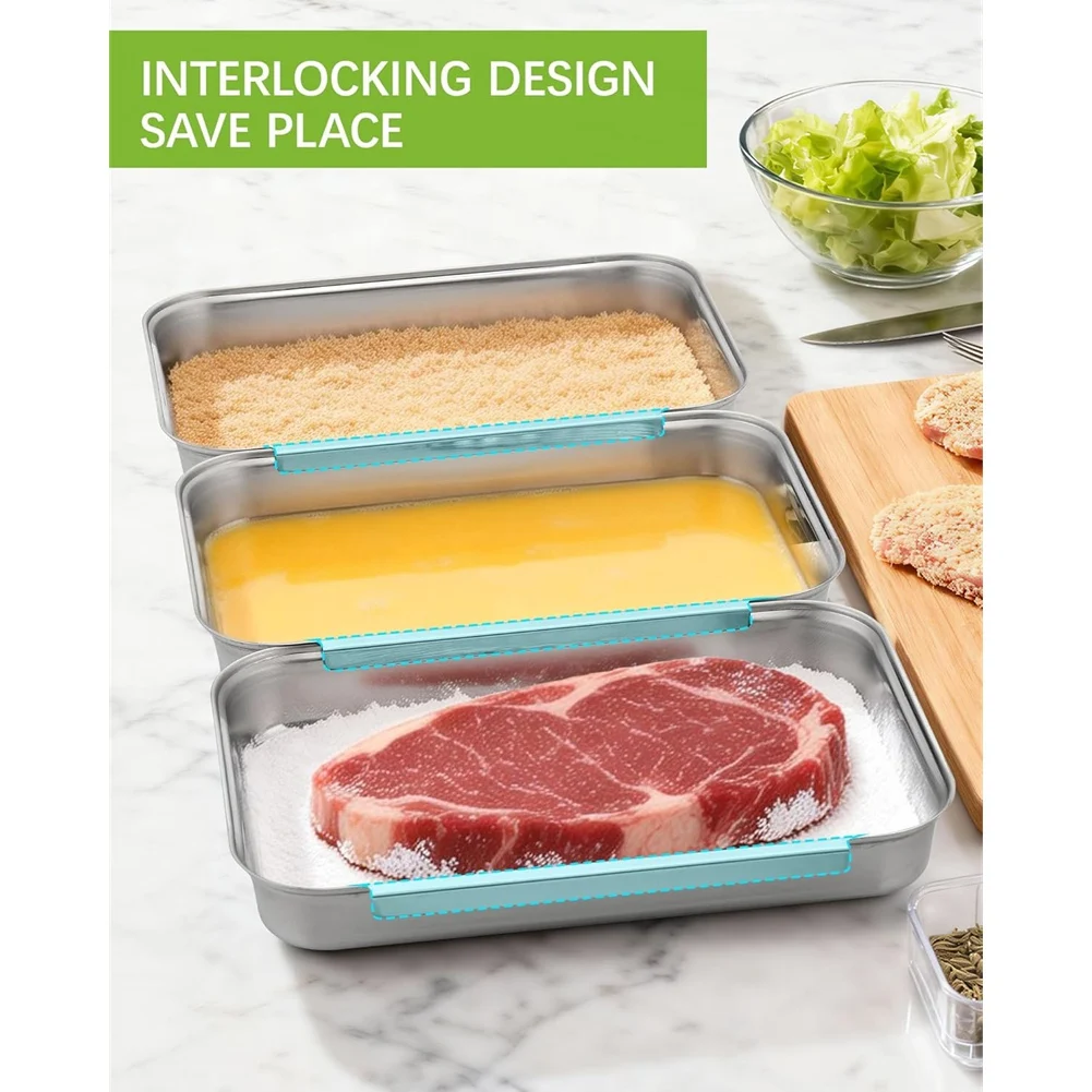 A78I Breading Trays Set of 3, Interlocking Stainless Steel Tray for Chicken, Fish, or Meat, Deep Dredging Trays for Breading