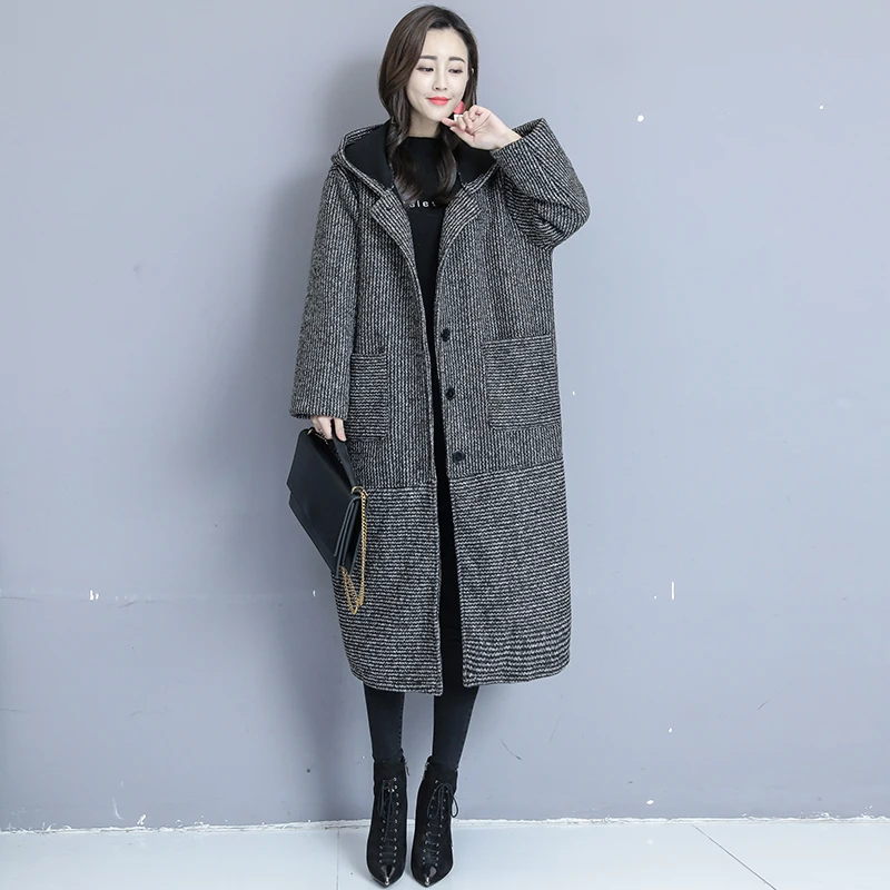 Off-Season Long Woolen Coat Women's Knee-Length Winter Fashion Korean Style plus Size Loose Tweed Jacket with Pockets