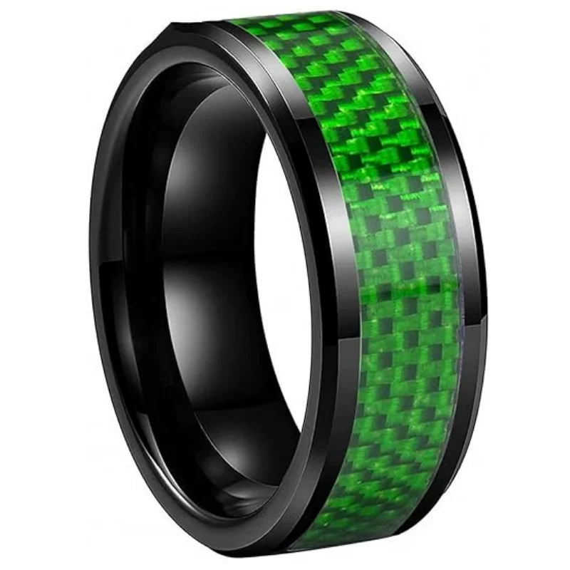 Men's 8mm Black Tungsten Carbide Wedding Band Engagement Rings for Men Women Green Carbon Fiber Inlay Beveled Edges Comfort Fit