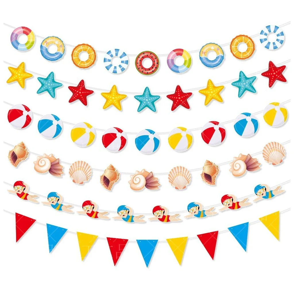 Summer Beach Party Garlands Swimming Circle Starfish Volleyball Banner Kids Boy Happy Hawaii Swimming Pool Birthday Party Decor