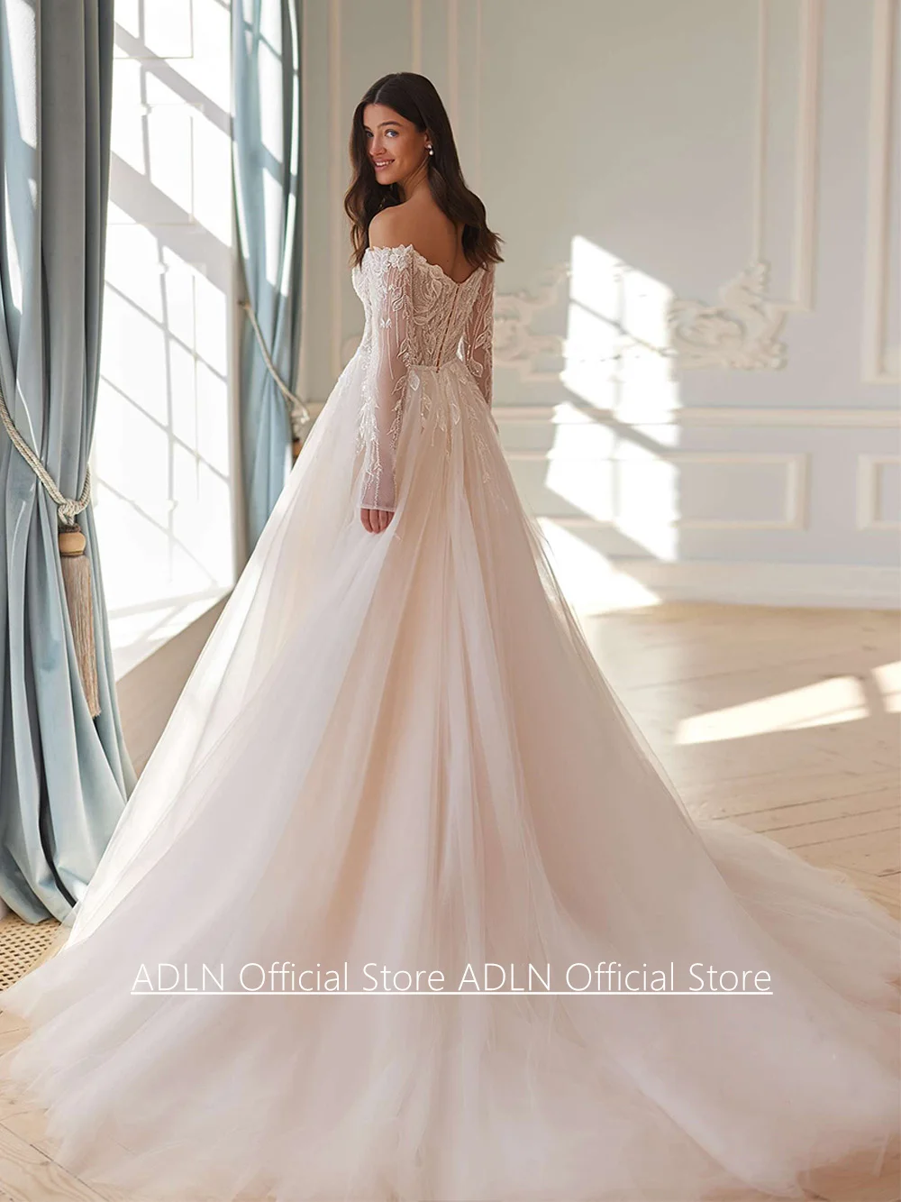 سيدة فستان زفاف جديد مخصص الخامس الرقبة طويلة الأكمام الدانتيل زين الديكور حزام تول سويب تراين رداء دي ماري زي العرائس #2