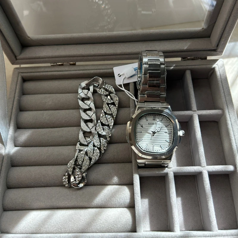 남성용 시계 간단한 야간 조명 달력 포함 쿼츠 남성용 시계+팔찌