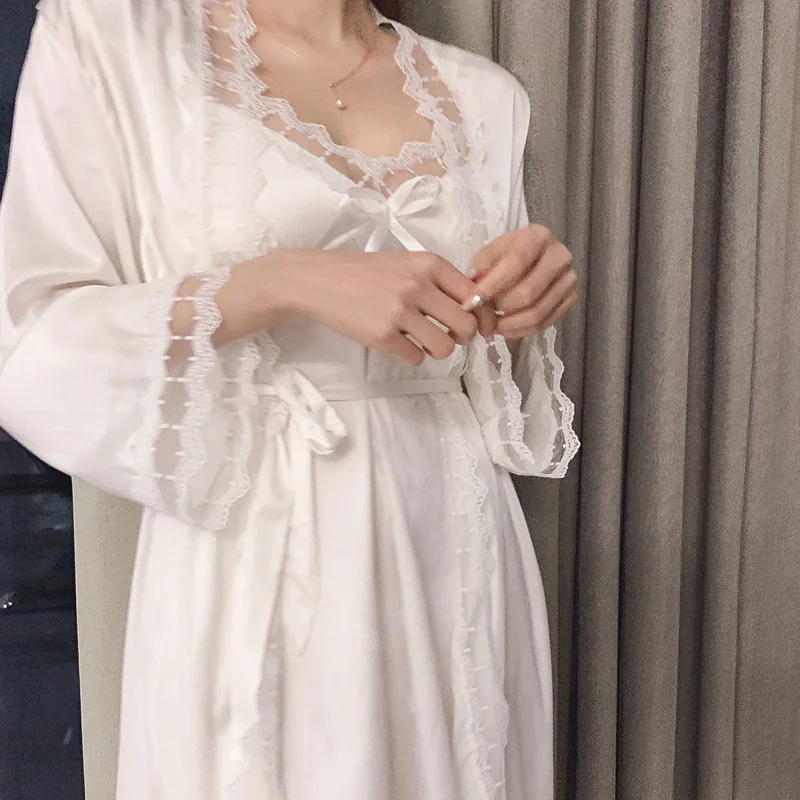 Bride Wedding Dress Set Dot Lace Flower Nightgown Lady White 2Pcs Nighty&dress Suit Sleepwear Satin Loungewear Kimono Bathrobe