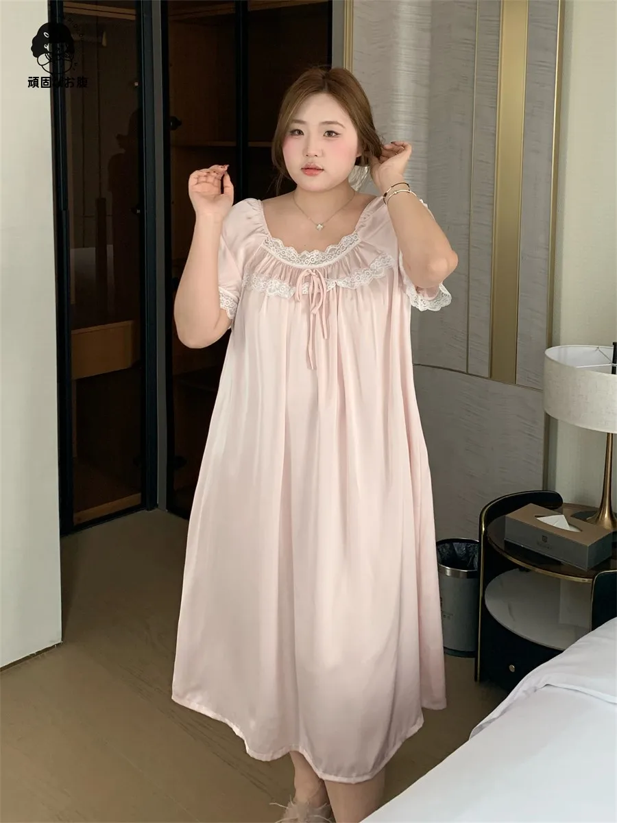 プラスサイズ-アイスシルク-パジャマ-ピンク-ゆったり-快適-ホームウェア-可愛いスタイル-半袖-ミドル丈-若い女性向け