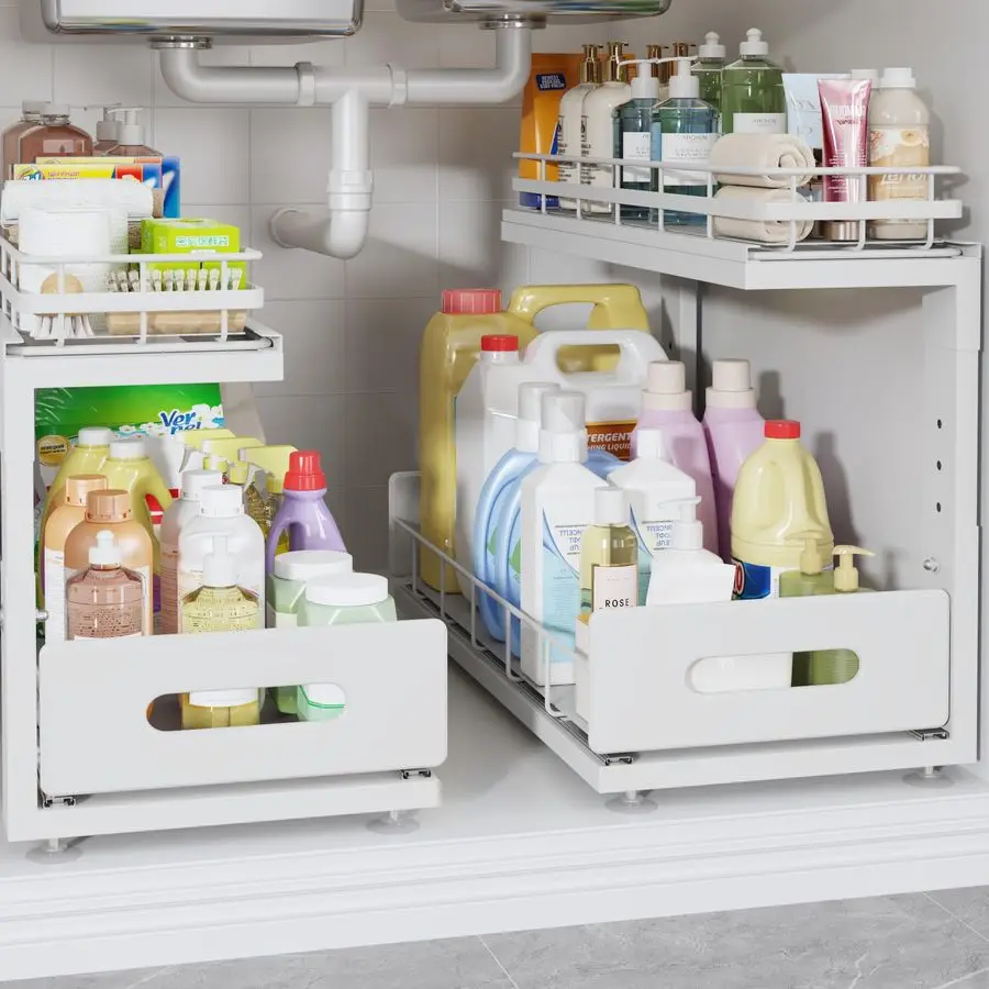 

Pack 18 IN Depth Under Sink Organizer with Smooth Ball Bearing Slides,2Tier Pull Out Cabinet Storage,Slide Out Drawers for Bathr