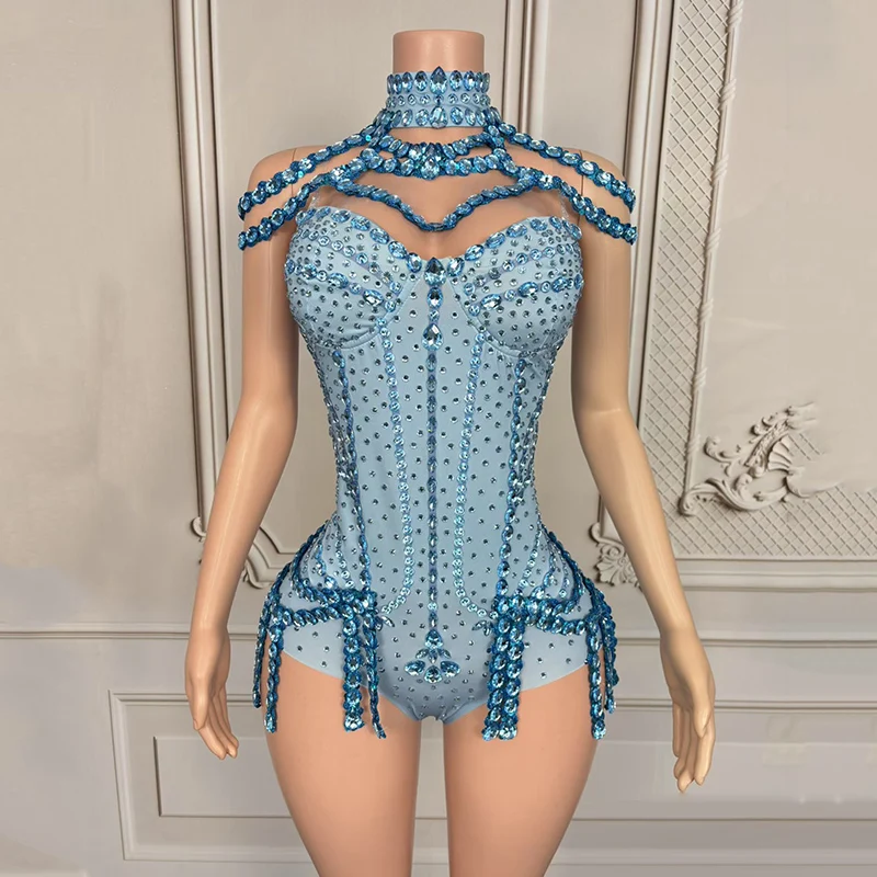 Sexy Blue Rhinestone Bodysuit Women Singer Performance Stage Clothes Nightclub Gogo Dance Costume