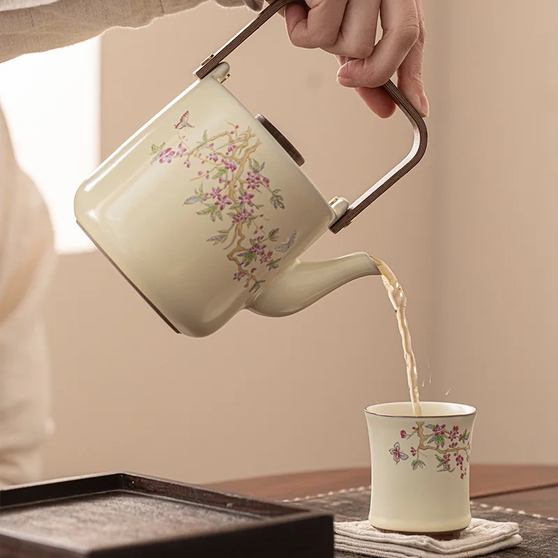 

Chinese Purple Vine Flower Beam Teapot, Ru Kiln Ceramic Kung Fu Teapot,Household Large Capacity Tea Maker with Broken Flower Cup