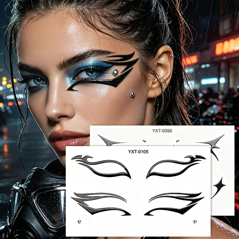2PCS Gothic Eyeliner Temporary Tattoo Stickers Dark Metal Liquid Eyeliner Face Gems Rhinestones Waterproof Cyberpunk Rave Makeup