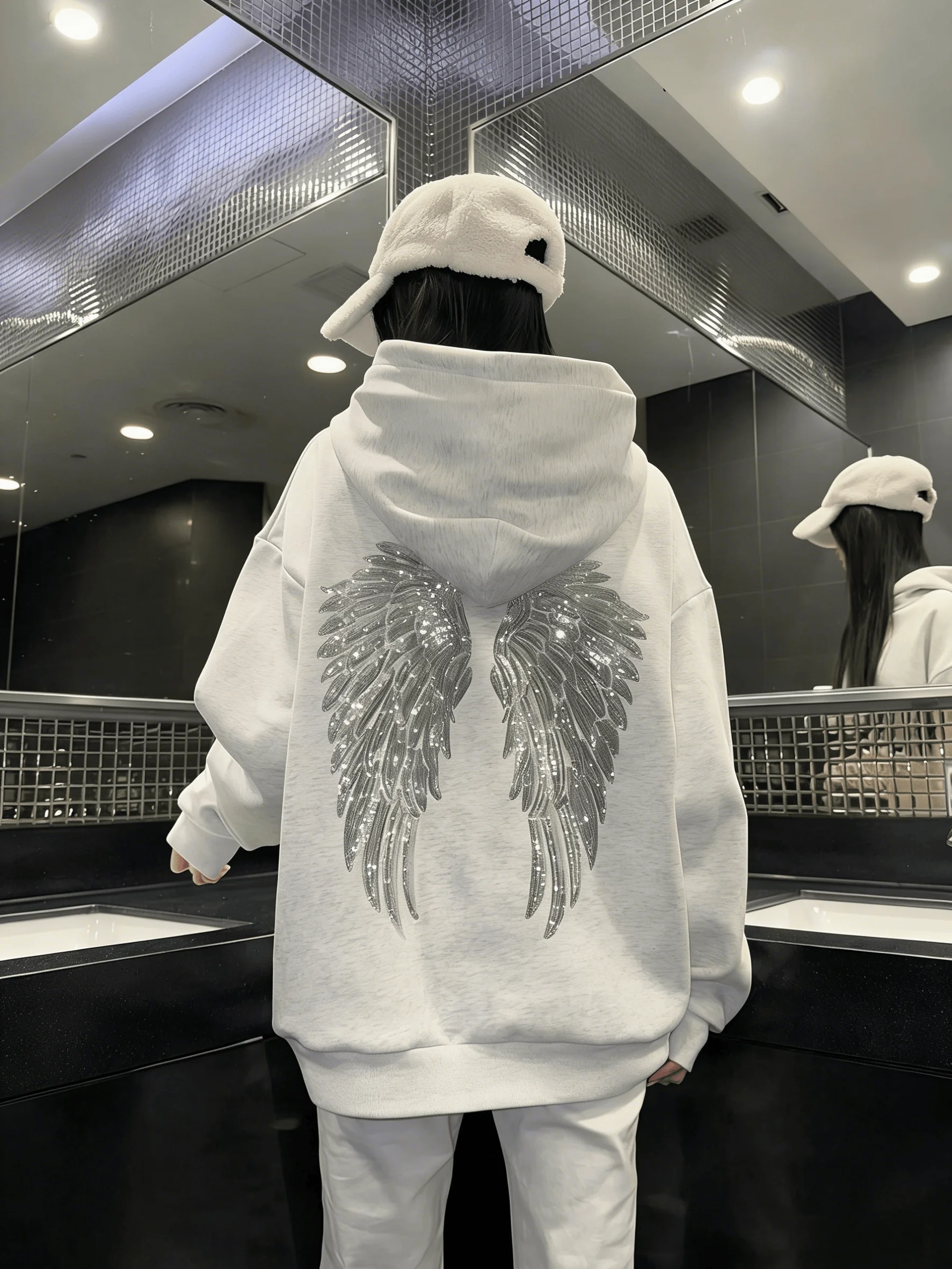 Sudadera con Capucha de Manga Larga, Holgada, con Diseño de Alas de Ángel con Lentejuelas Brillantes en la Espalda, Estilo Casual para Hombres y Mujeres, para la Vida Diaria