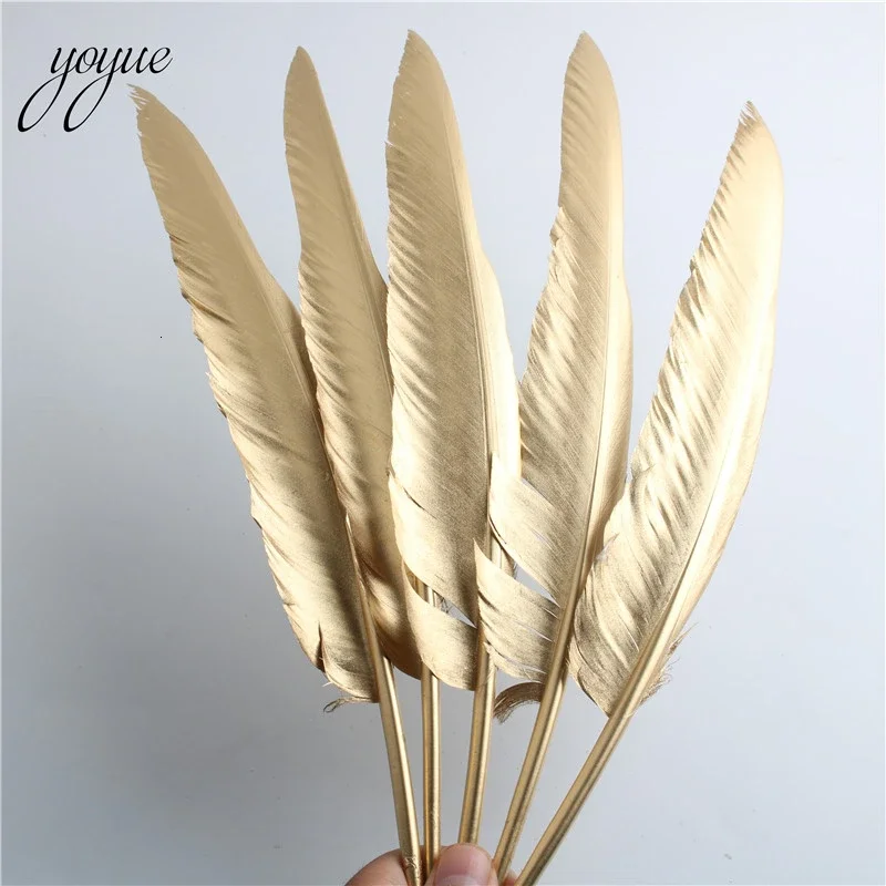 YOYUE 100pcs/lot Spray Gold Goose Feathers For Crafts 12-14inch/30-35cm Feather Clothing DIY Wedding Decoration Plumas