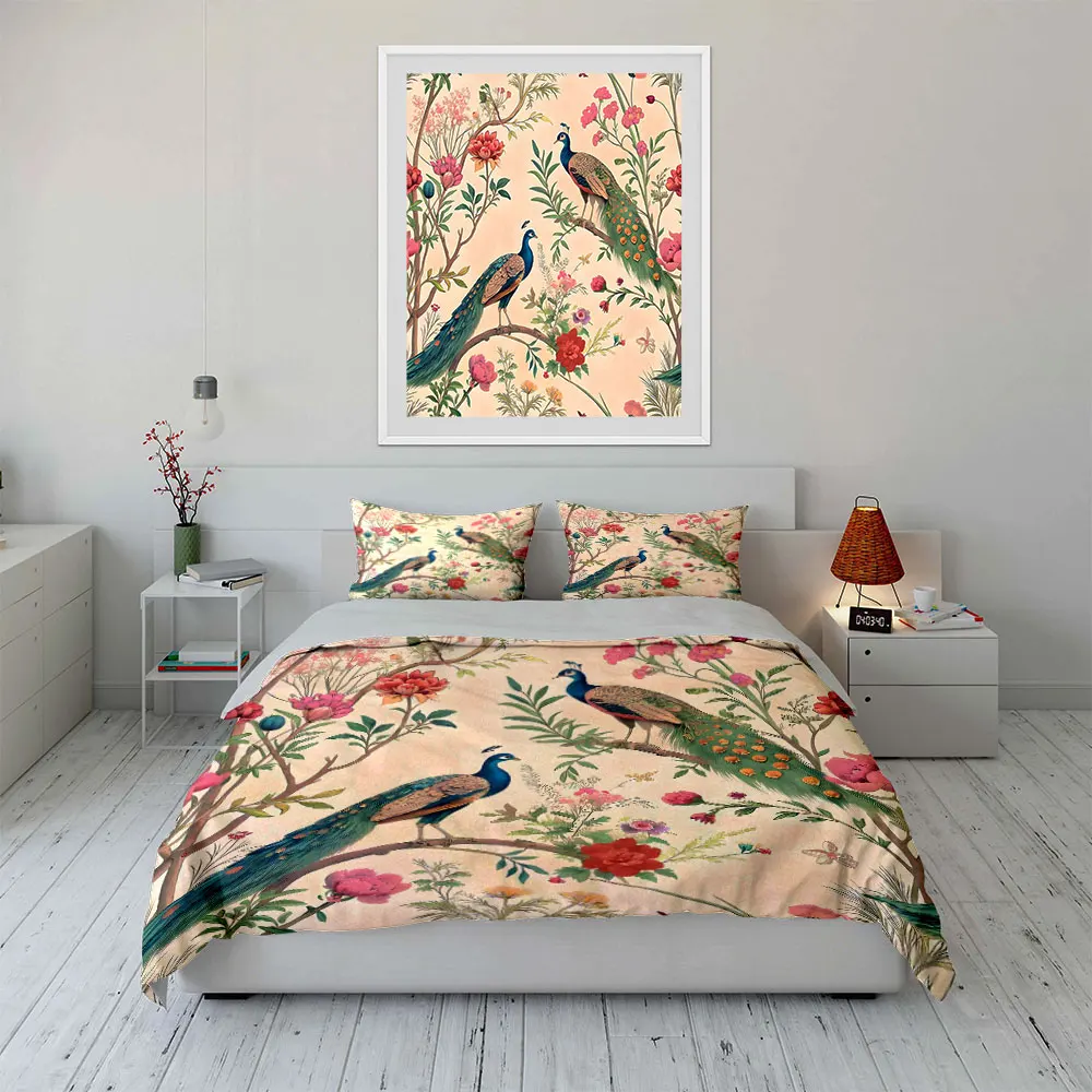 Peacocks with Blooming Foliage Bedding Set for Kids Luxury Gift 3pcs Digital Print Comforter Set Soft Comfortable Breathable