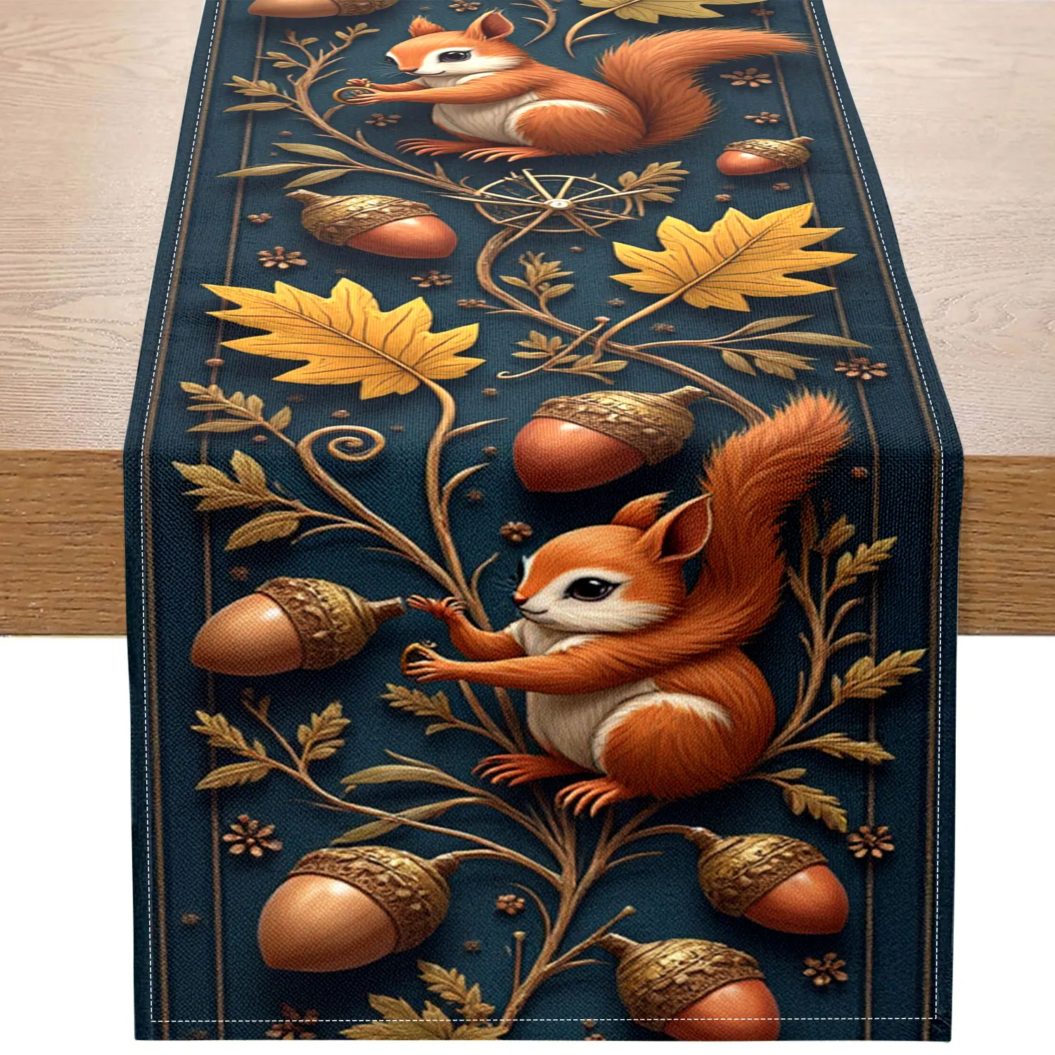 1 Piece of Forest-Themed Squirrel Table Runner with Squirrel, Acorn, and Autumn Leaf Patterns, Suitable for Country-Style Homes, Children's Rooms, and Natural-Themed Decorative Settings.