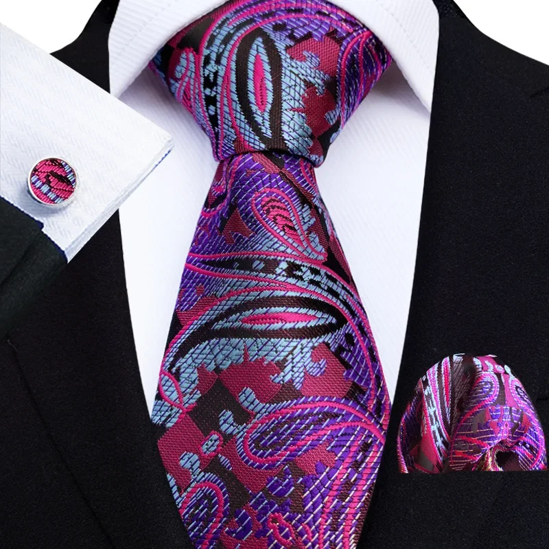 Luxury Mens Ties Floral Black Gold Ties Paisley Grid NeckTie Pocket Square Cufflinks Set Men\'s Wedding Party Tie