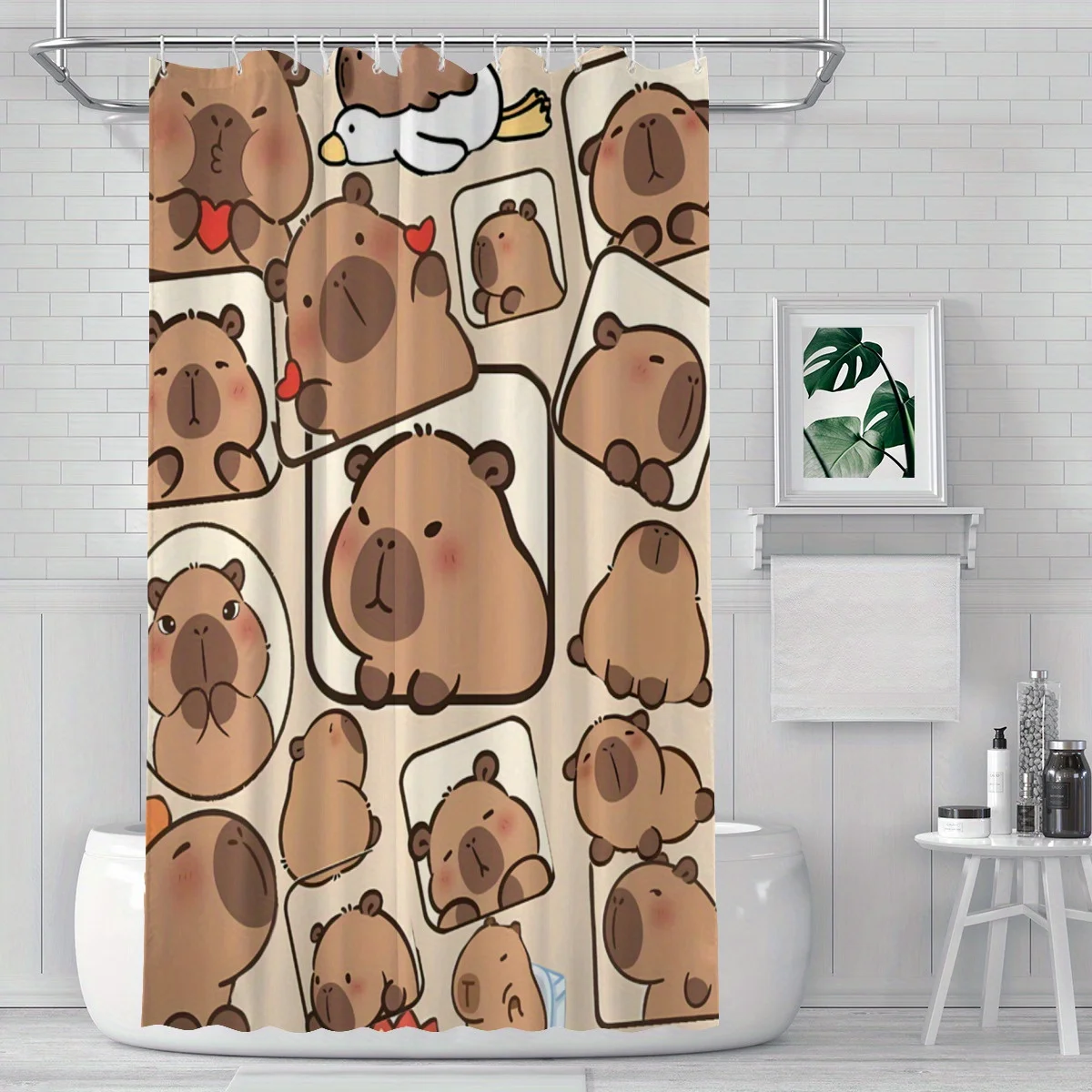 

Capybara Shower Curtain – Cute Cartoon Animal Pattern, Kawaii Style with Playful Capybaras, Polyester, Includes Hooks