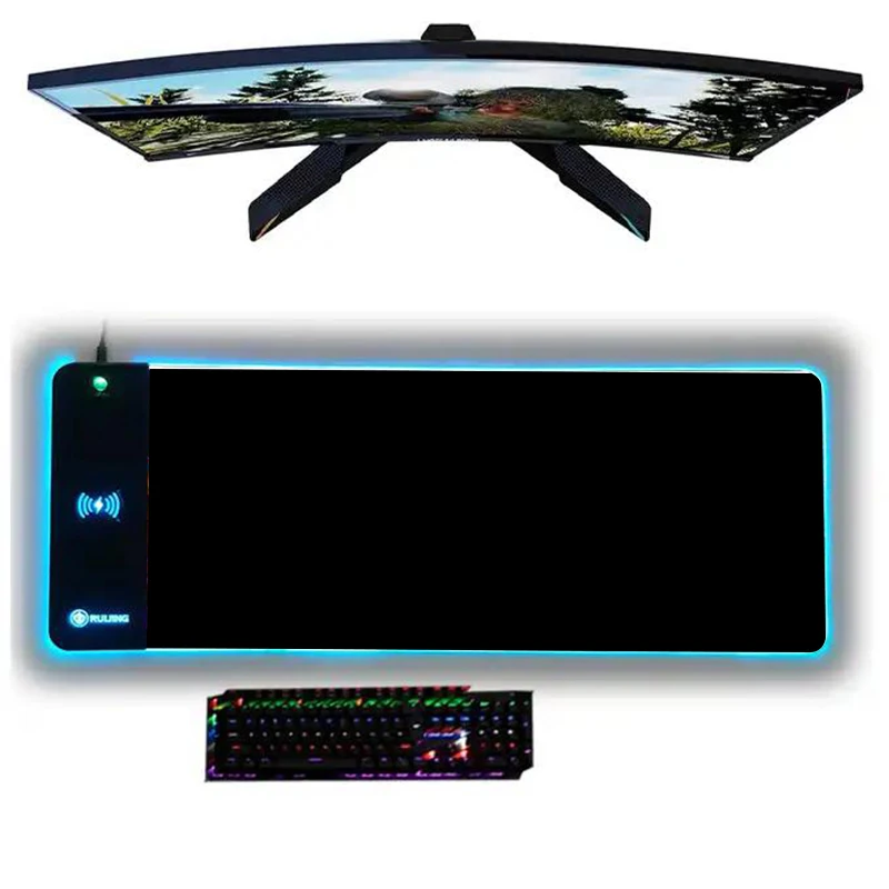 mairuige preto mouse pad com 15w sem fio mouse pad gamer rgb gaming mousepad teclado antiderrapante led luz carregador de telefone movel 01