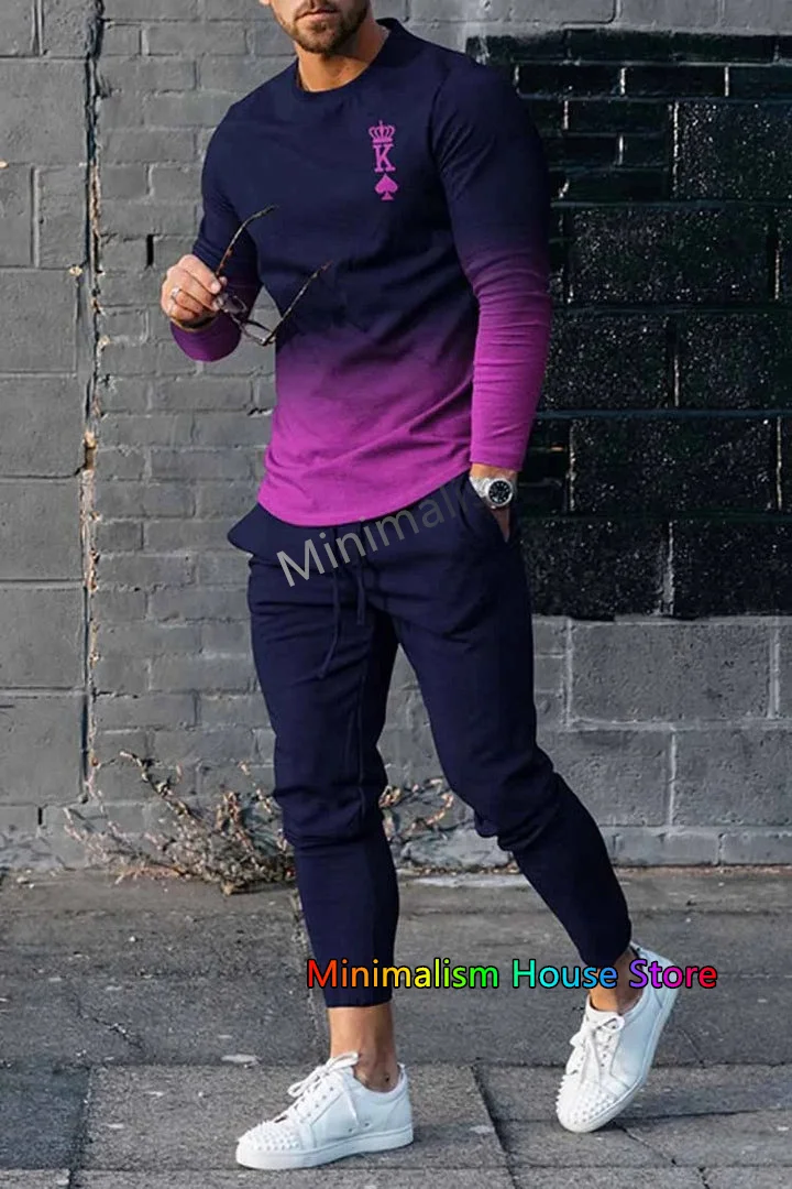 Fatos de treino de manga comprida com impressão 3D masculino, camiseta casual, streetwear de corrida, conjunto extragrande, outono, 2 peças, 2024