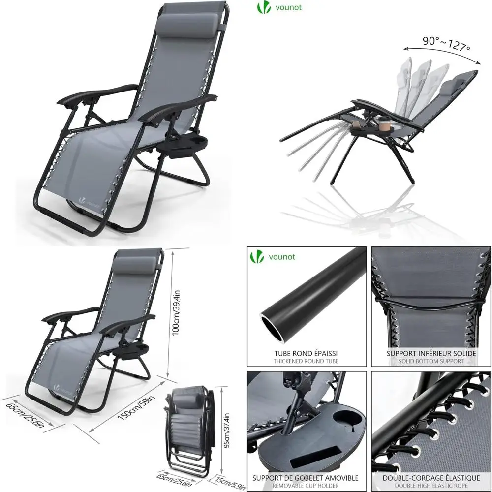 

Grey Outdoor Reclining Deck Chairs with Folding Sun Lounger and Cup Phone Holders