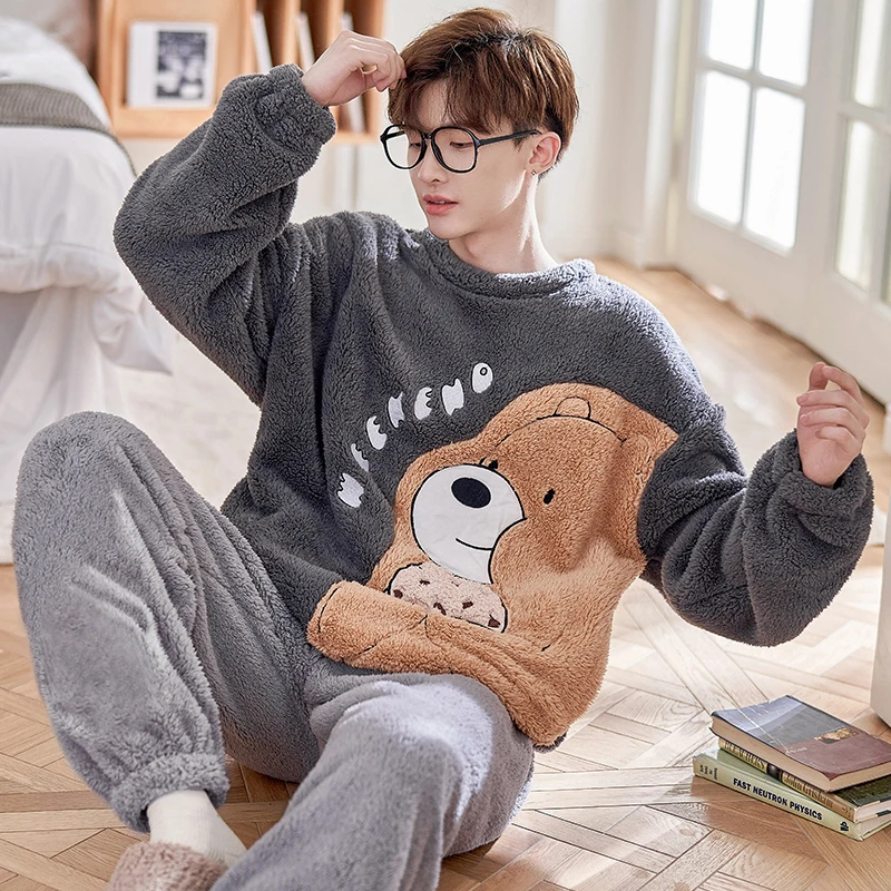 Animal Bear Adult Men Pajamas Set Winter Thicken Sleepwear Plush Soft Warm Pyjama Suit Unisex Loose Homewear Clothes Pijama