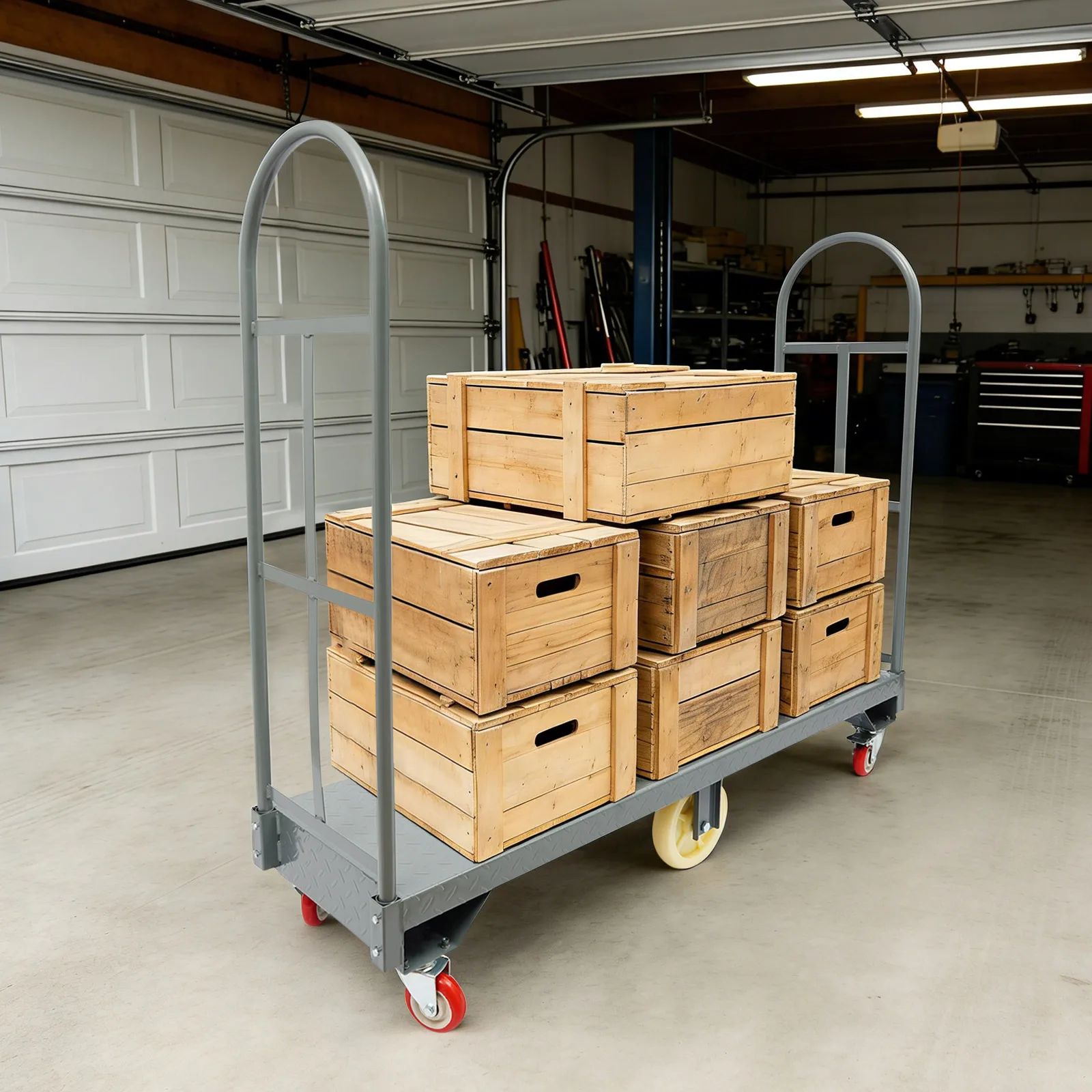 U-Boat Cart 2000 lbs Capacity Heavy Duty Platform Cart 4 Swivel Wheels 2 Guide Wheels with Brake 60.5x15.7 inch Removable Side Rails Utility Truck