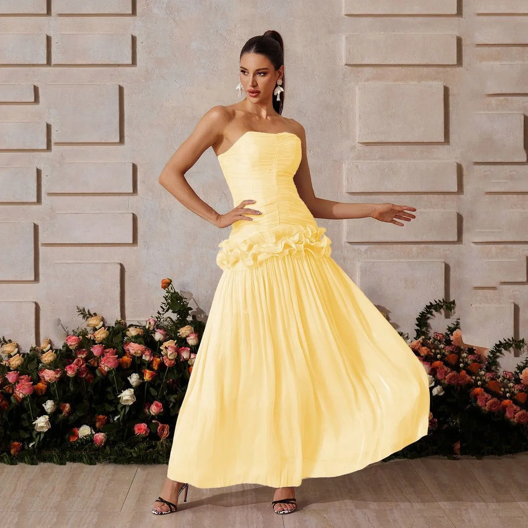 

Желтые платья для выпускного вечера с открытыми плечами Элегантные платья для выпускного вечера без бретелек с рюшами Длинные элегантные шифоновые платья для выпускного вечера без бретелек с рюшами