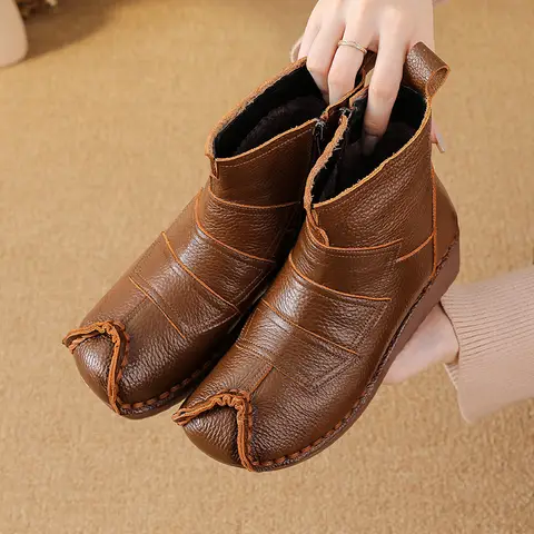Winter First-layer Cowhide Tendon-soled Casual Women's Boots Ethnic Style Genuine Leather Boots Warm and Comfortable Cotton Shoe