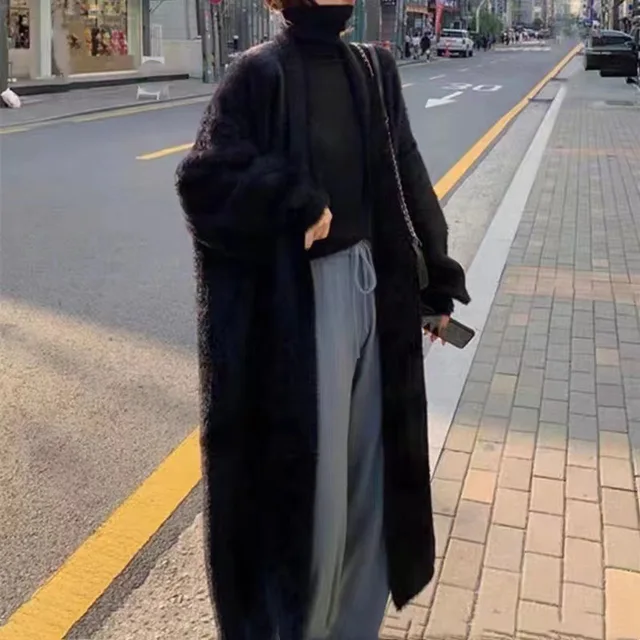 Autumn and winter loose and lazy style open knit coat, thick knee length imitation mink fur long sleeved sweater, warm jacket