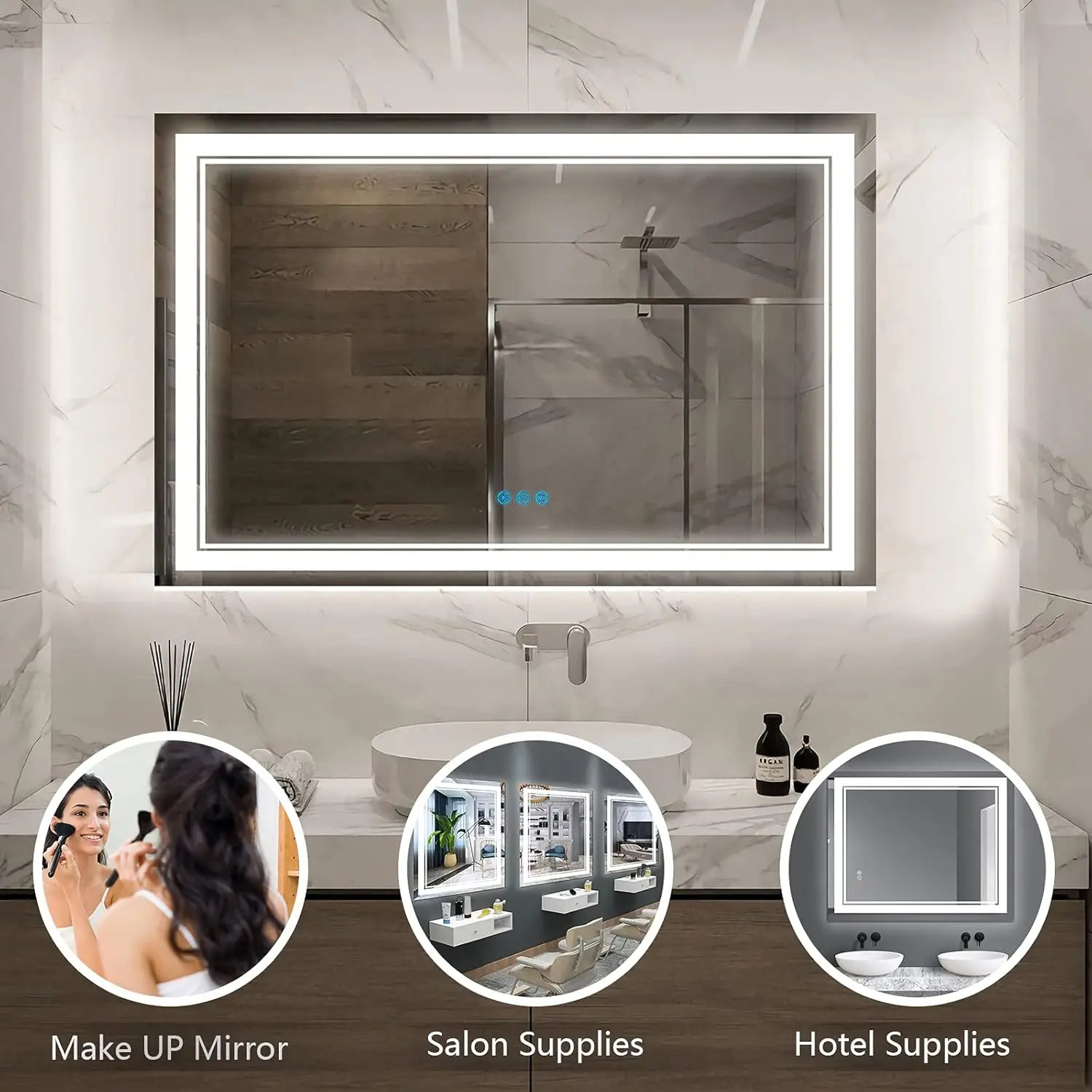 48”x 32” Bathroom Led Vanity Mirror with 3 Colors Light, Dimmable Touch Switch Control, Anti-Fog Wall Mounted Makeup Mirror for