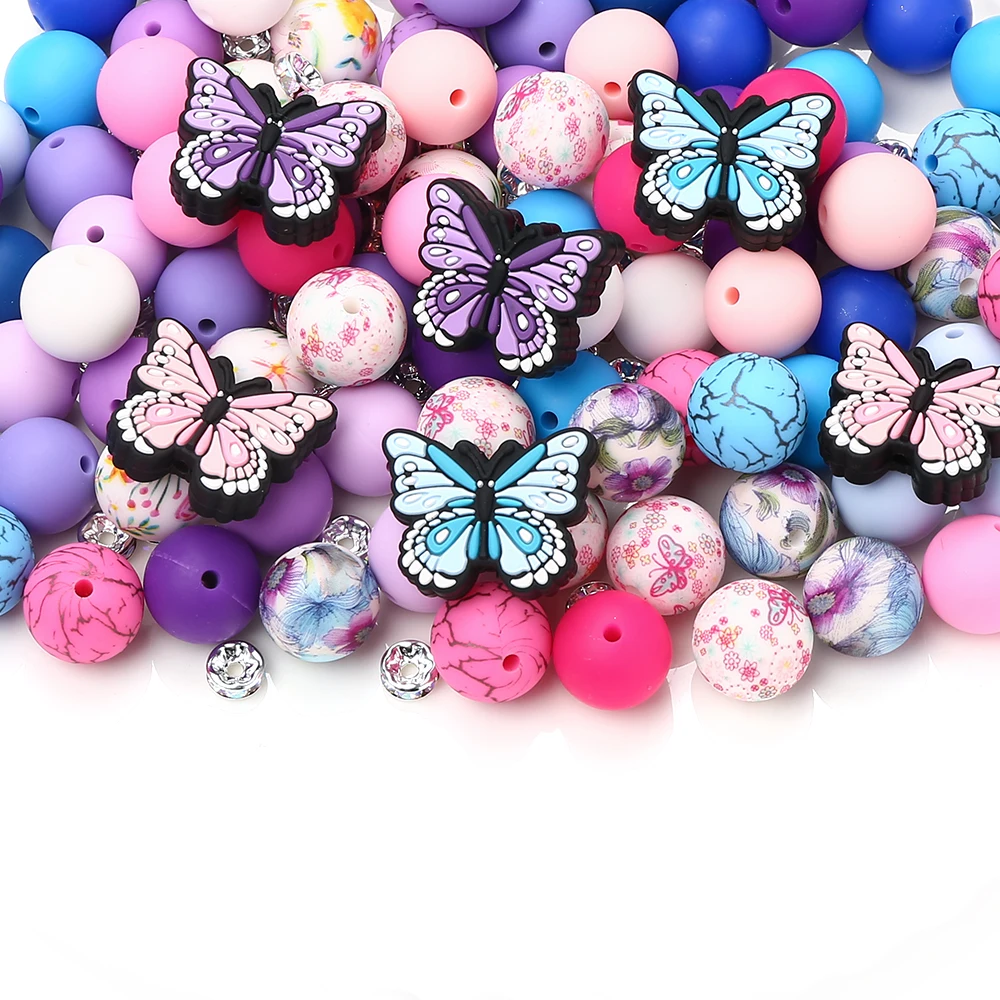 58Pcs Butterfly Beads Silicone Printed Beads Rhinestone Combo Set for Diy Jewelry Making Bracelet Necklace Keychain Lanyard