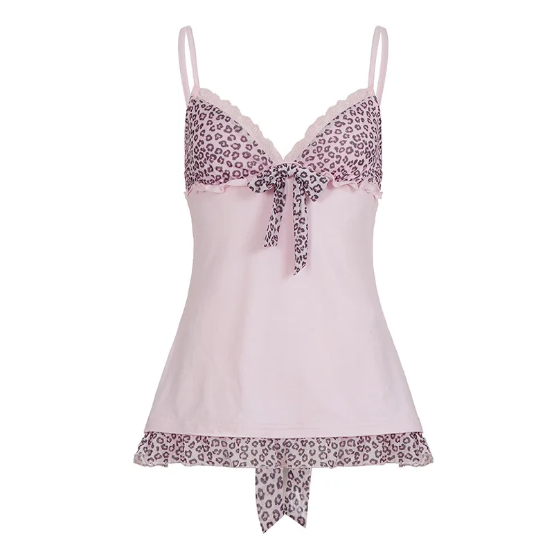 Sultry and Subtle vintage Leopard Print Mesh Splicing V-Neck Top with Straps Girly High-Waisted A-Line Vest for Women Tank tops