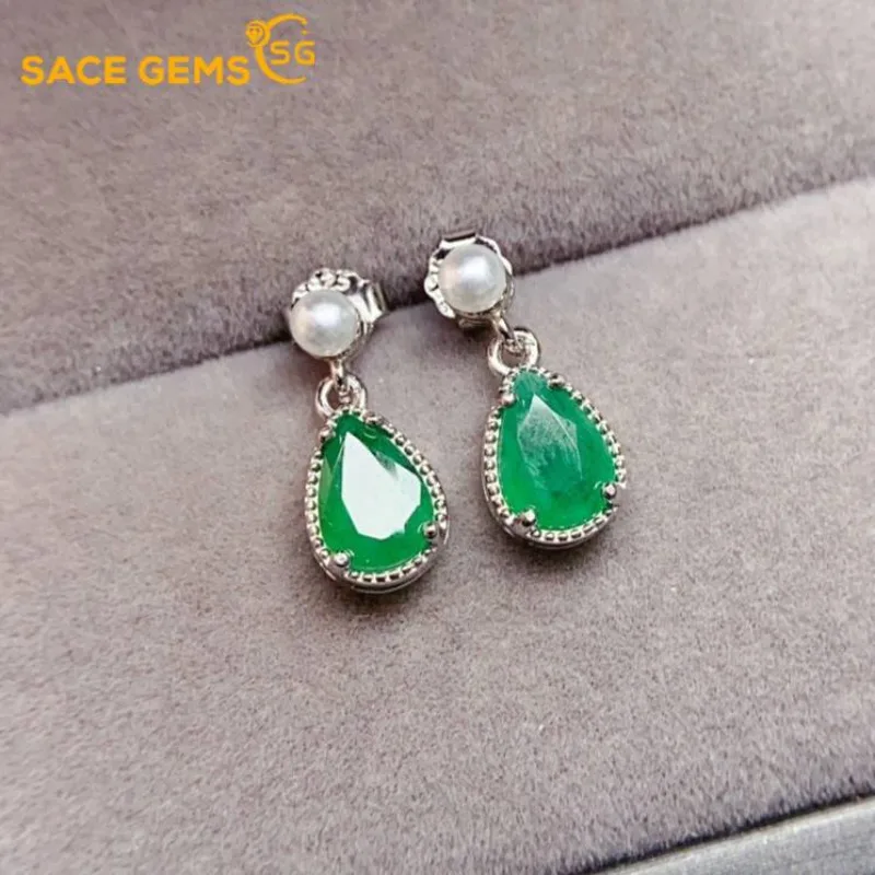 

SACEGEMS Fashion Drop Earrings for Women 925 Sterling Silver 5*7MM Natural Emerald Stud Earrings Wedding Party Fine Jewelry Gift