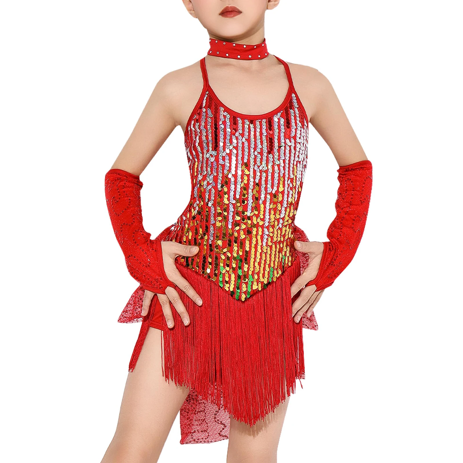 

Kids Girls Sequin Fringe Leotard Dress Moden Latin Jazz Dance Costume Halter Tassel Ballroom Dancing Competition Tango Dancewear