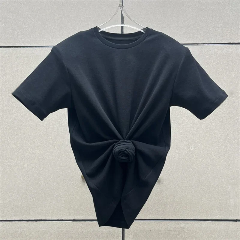 Dames T-shirt 2025, zomer nieuwe schouder gewatteerde slim fit korte mouwen top puur katoen ronde hals trui y2k Crop top korset