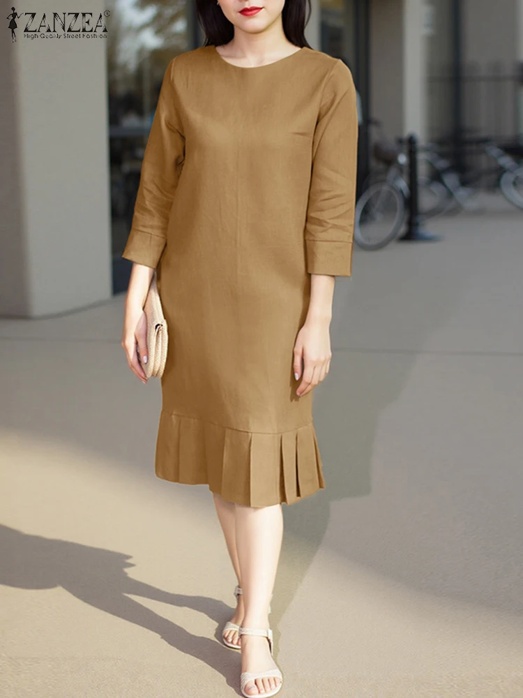 فستان صيفي للعمل من ZANZEA OL فستان نسائي أنيق لمنتصف الساق من ZANZEA 2025 بلون سادة وأكمام قصيرة مكشكشة فساتين غير رسمية برقبة دائرية