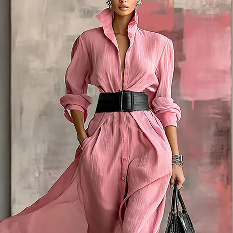 Greenora Elegant Solid Slim Woman Party Dress Spring Single Breasted Office Lady Shirt Dress Autumn Long Sleeve A-Line Boho Dres