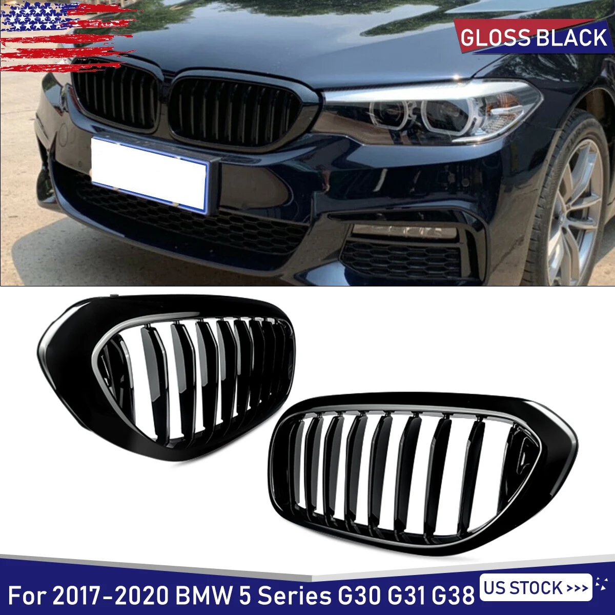 

Автомобильный передний бампер, решетки для почек для BMW 5 серии G30 G38 SEDAN G31 TOURING 530i 540i 550i 2017-2020, черная гоночная решетка, гриль