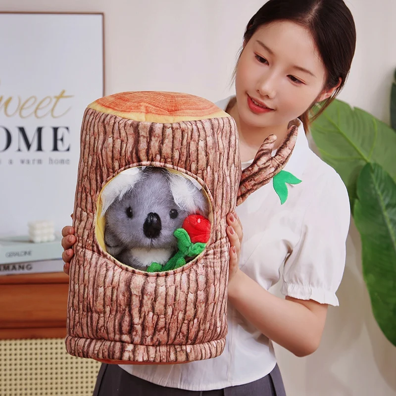 1Pc 28/38CM Creative Koala And Tree Stump Plush Toys Lovely Simulation Koala Holding Rose Stump Shaped Backpack Kawaii Xmas Gift