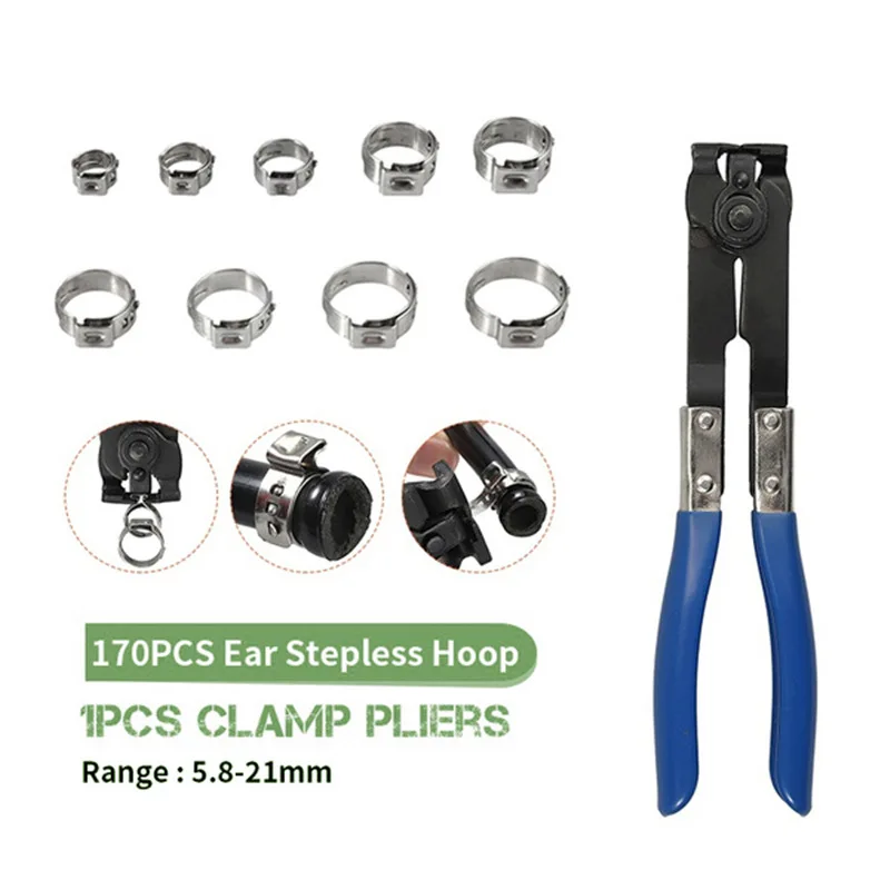 

F50 170PCS 5.8Mm-21Mm Ear Stepless Hose Clamps 304 Stainless Steel Single Hose Crimping With Blue Clamp Pliers Wood Working