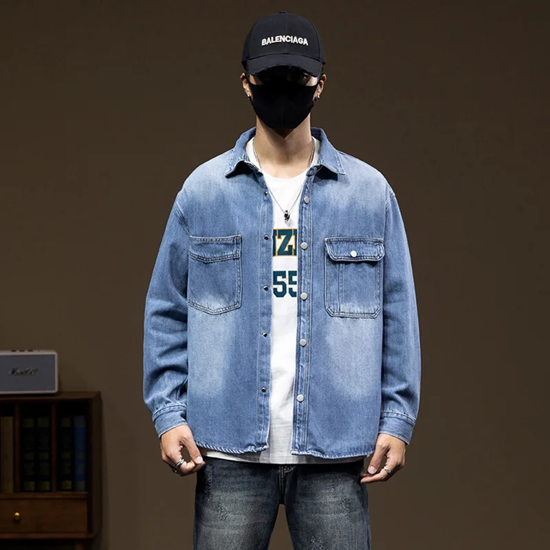 

Big size men's autumn new heavy washing denim shirt coat men loose simple 100 tower shirt