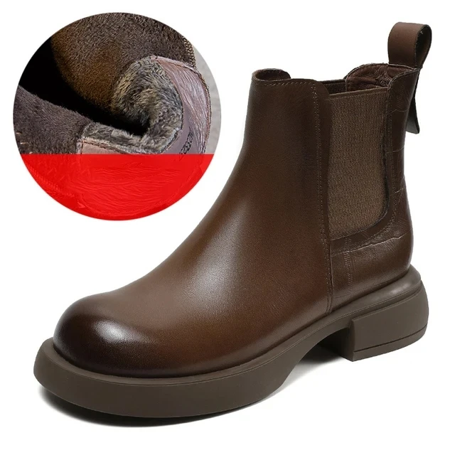 4CM mucca vera pelle donna autunno camino Chelsea stivali primavera inverno moda peluche calda caviglia metà polpaccio stivaletti scarpe