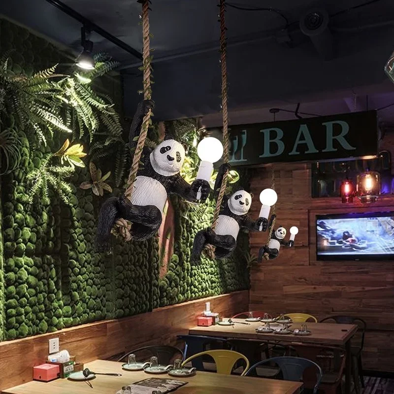 

Vintage Resin Panda Chandelier lighting Nordic Hemp Rope Panda Chandelier Zoo Decorative Light Fixtures Bar Industrial Lamp