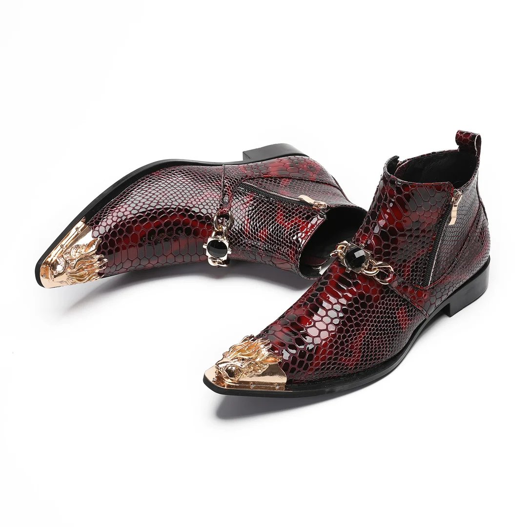 fashion metal pointed toe real leather ankle boots for men zipper motorcycle short boots male club party dress shoes plus size - view 5