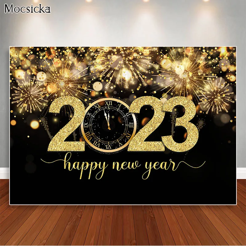 2023 New Year Backdrop Glitter Golden Bokeh Fireworks Photography Background Family Party Portrait Photo Props Studio Booth