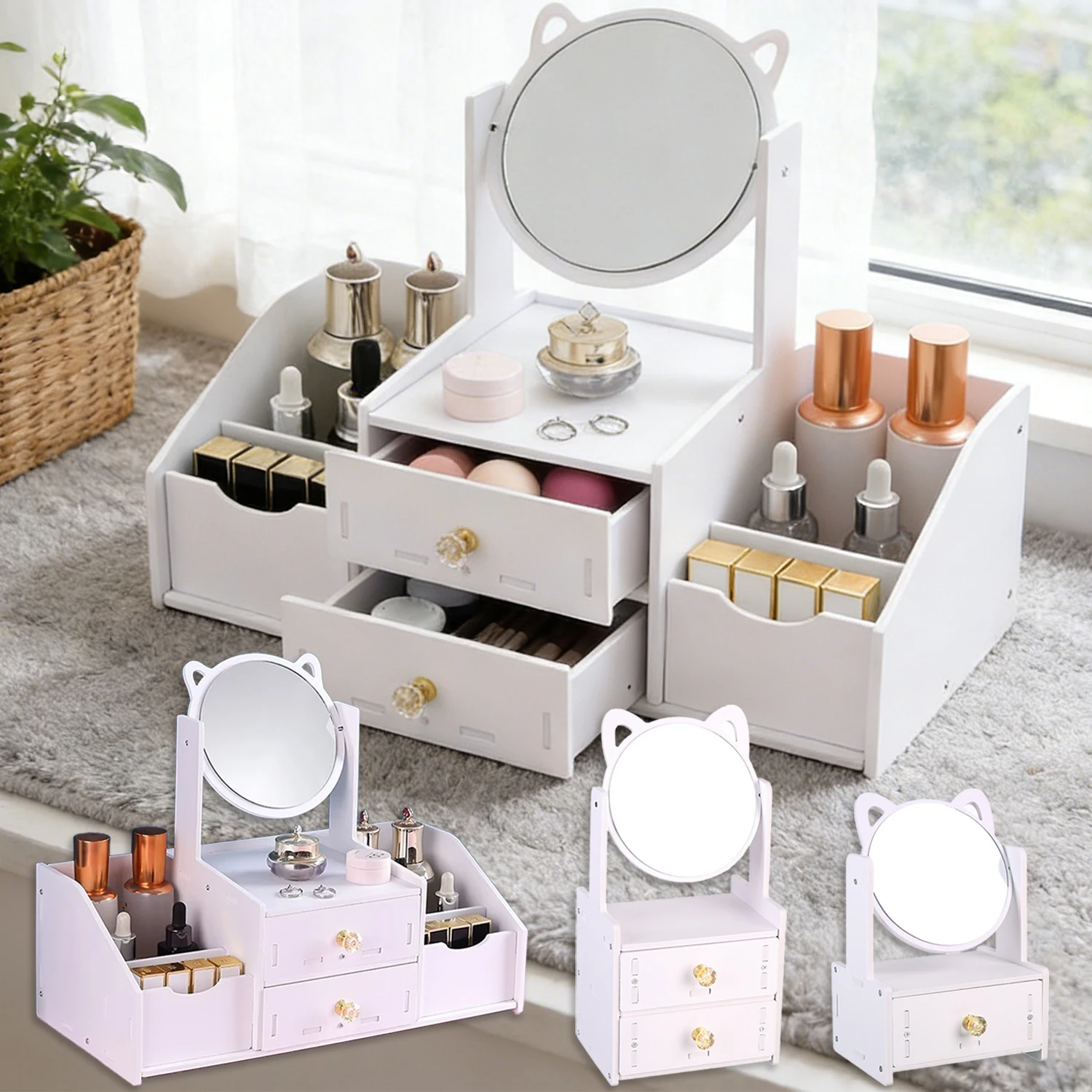 

Multi-compartment Desktop Makeup Organizer Cosmetics Jewelry Storage Box Large Capacity Makeup Container with Practical Mirror