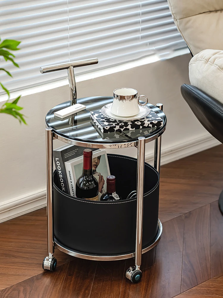 

Luxury Stainless Steel Round Coffee Tables Furniture,Mobile Living Room Sofa,Side Double-layer Storage Trolley,Glass Tea Table