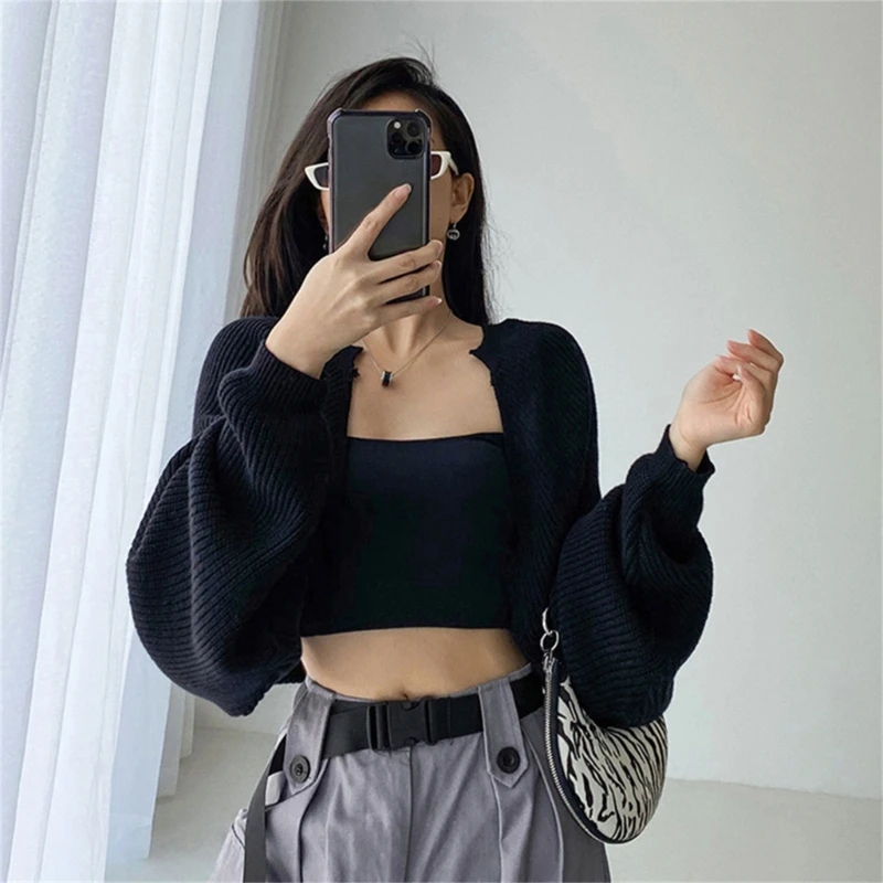 Women\'s Fall Open Front Shrugs Long Sleeve Boleros Solid Lightweight Knitted Cropped Cardigan Sweaters Short Shawl Tops