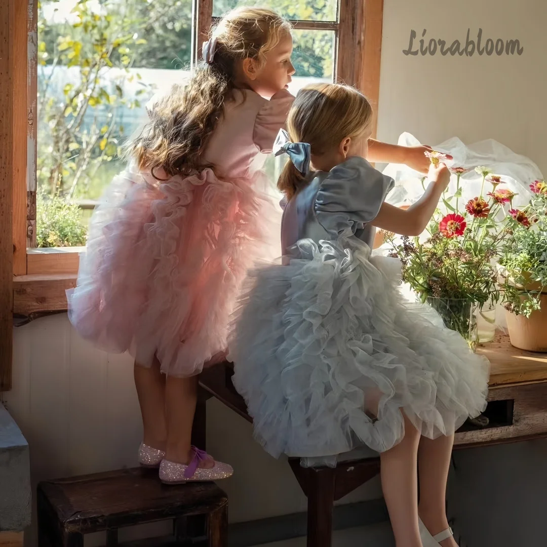 Abito Formale Multicolore con Maniche a Sbuffo per Bambine, Vestito da Damigella in Tulle, Abbigliamento da Cerimonia, Abito Stile Tutu da Balletto