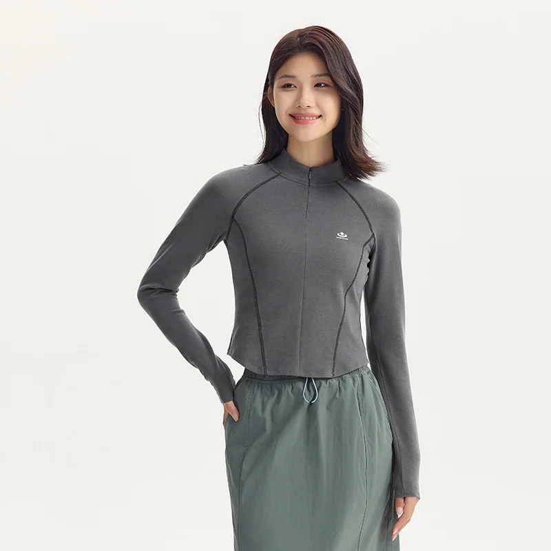 Semir Long Sleeve T-Shirt Women Short Plum Series Collar Tight 2024 Autumn New Brushed Top Shoulder Sleeve