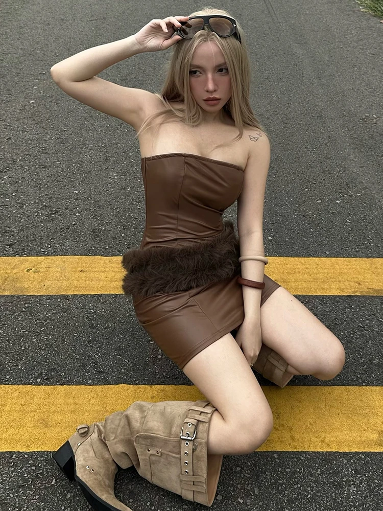 

Sisterlinda пушистый пояс + кожаный мини-облегающий мини без рукавов с открытой спиной Midnight Hottie музыкальный фестиваль модная обтягивающая уличная одежда