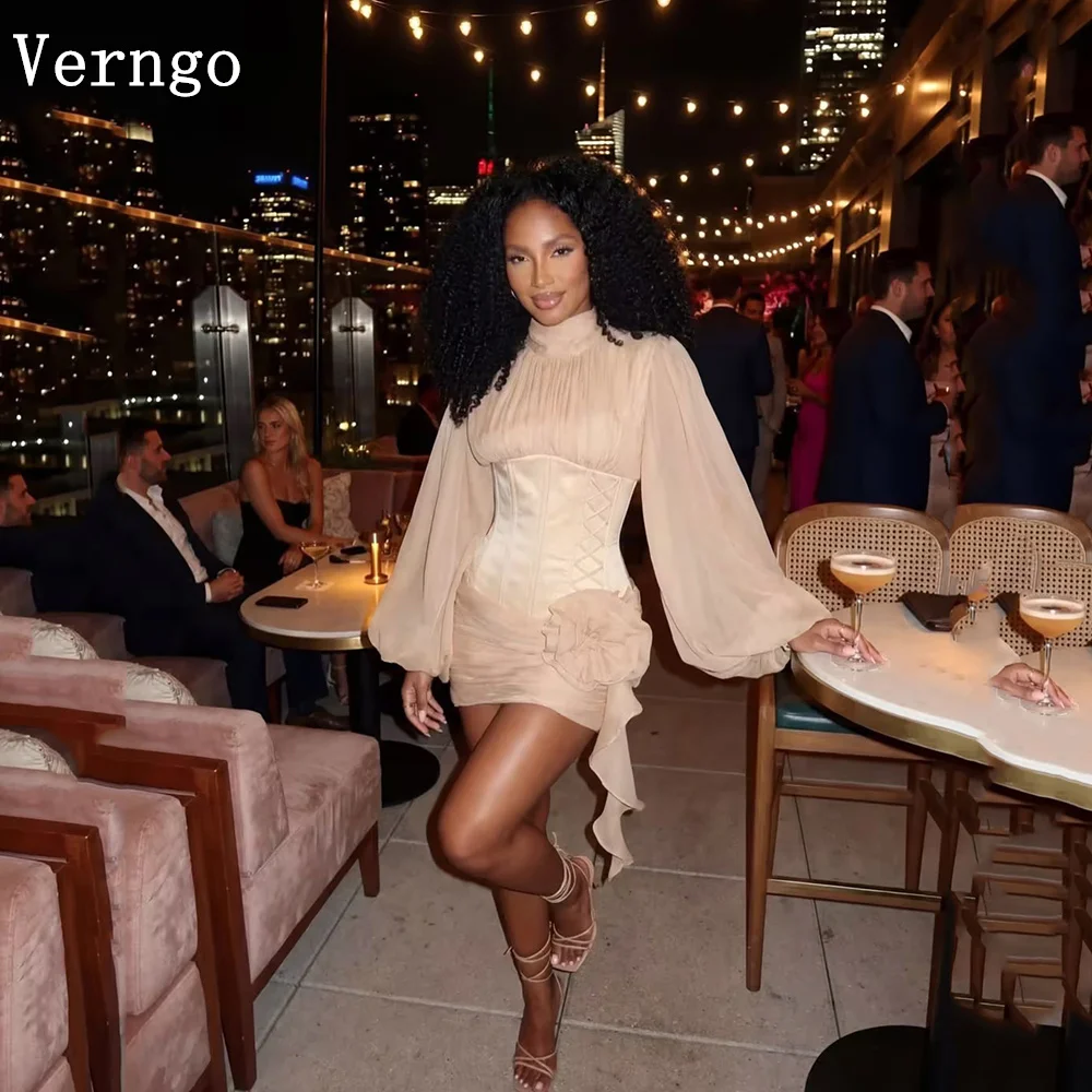 

Вечернее платье Verngo из шифона цвета шампань, мини, с высоким воротом, длинными рукавами, облегающее, для вечеринок, в арабском стиле, на заказ